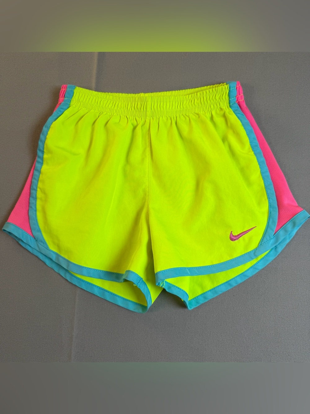 Nike Little Girls szS Neon Yellow Athletic Shorts with Teal Trim and Pink Swoosh